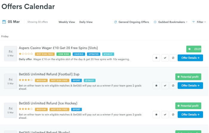 Casino offer calendar
