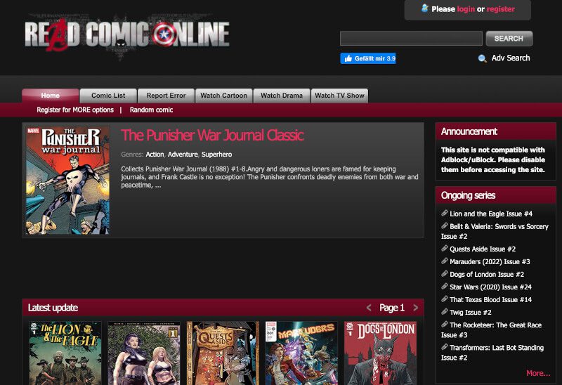 Read comic onlline homepage
