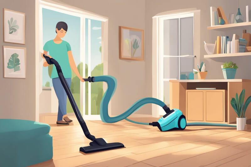 Person vacuuming and doing chores