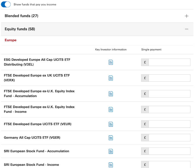 Fund list on Vanguard