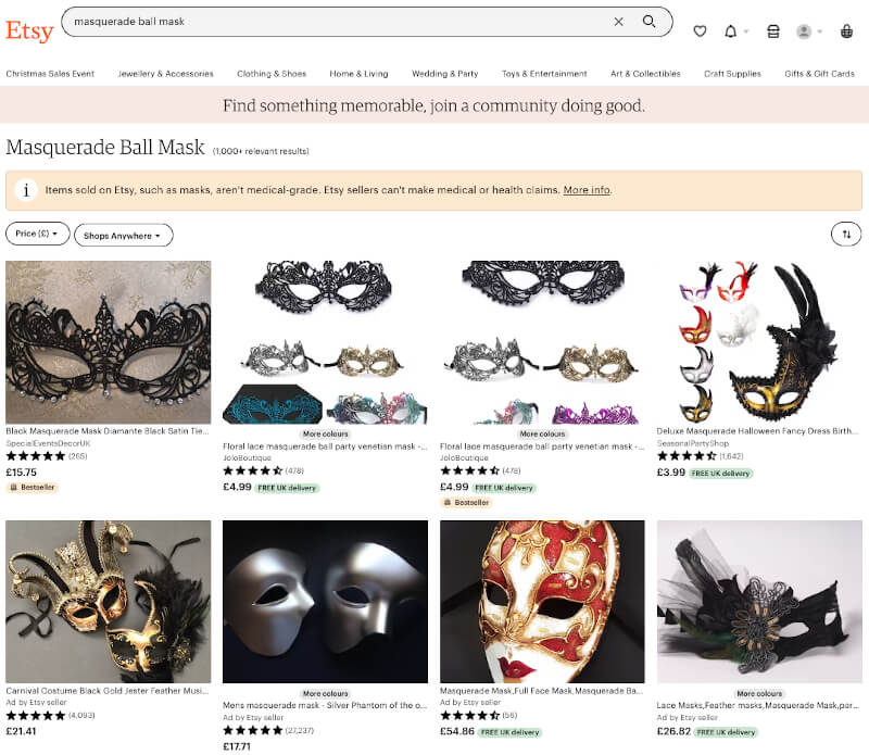 Masks for sale on etsy
