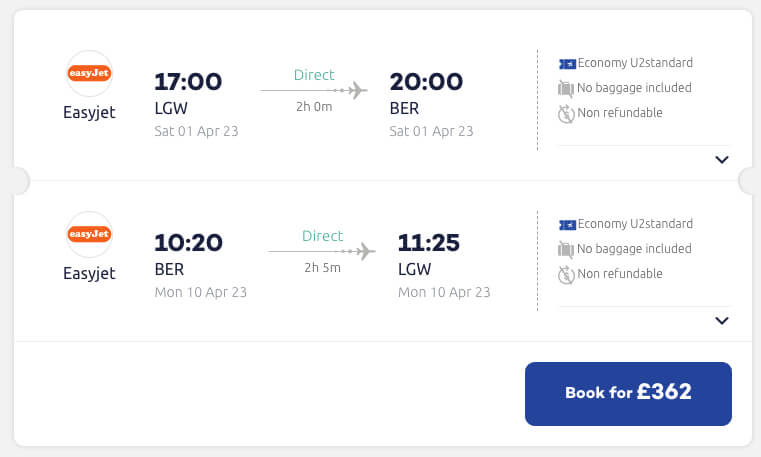 Prices for a flight on Flightgift