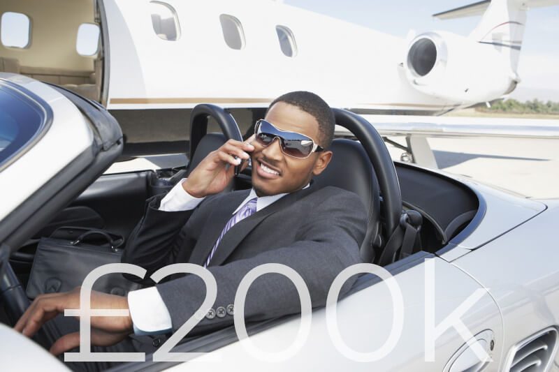 Business man in car and text stating £200k